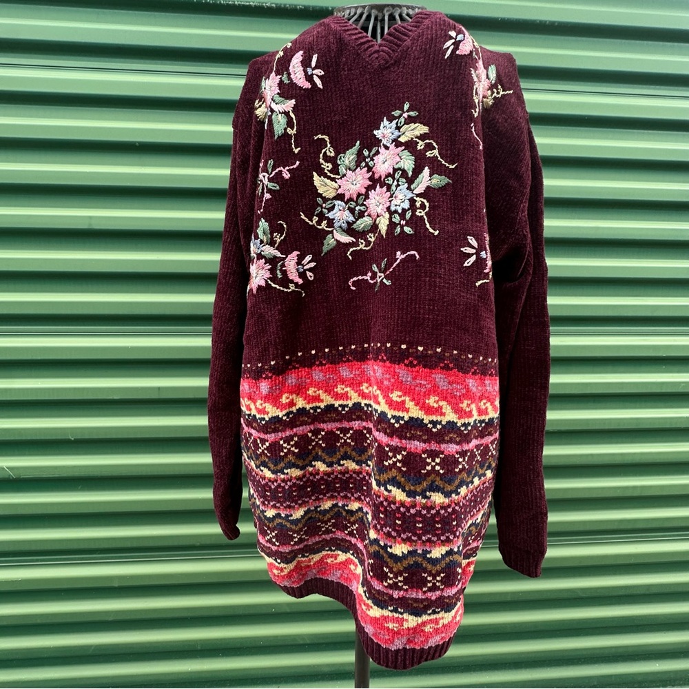 Carolyn Taylor VTG Chenille Floral Embroidered Sweater Cottagecore Grandma L - Picture 7 of 11